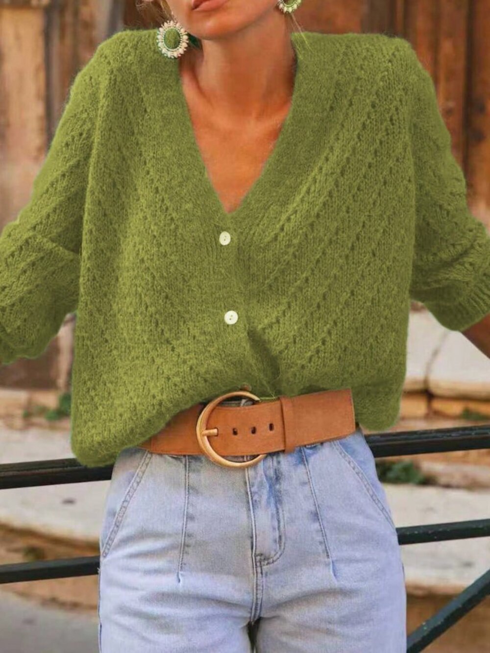Green Casual Women's Long Sleeve Knit Cardigan Sweater - Picture 4 of 4
